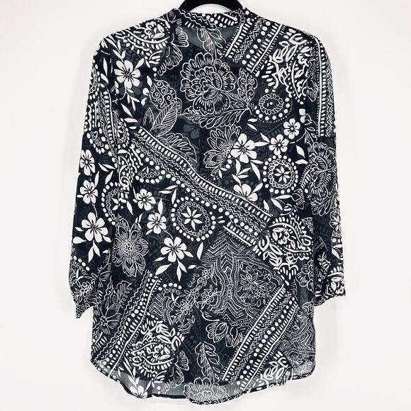 TravelSmith Boho Floral Black White Button Front Sheer Blouse Medium - Picture 4 of 5